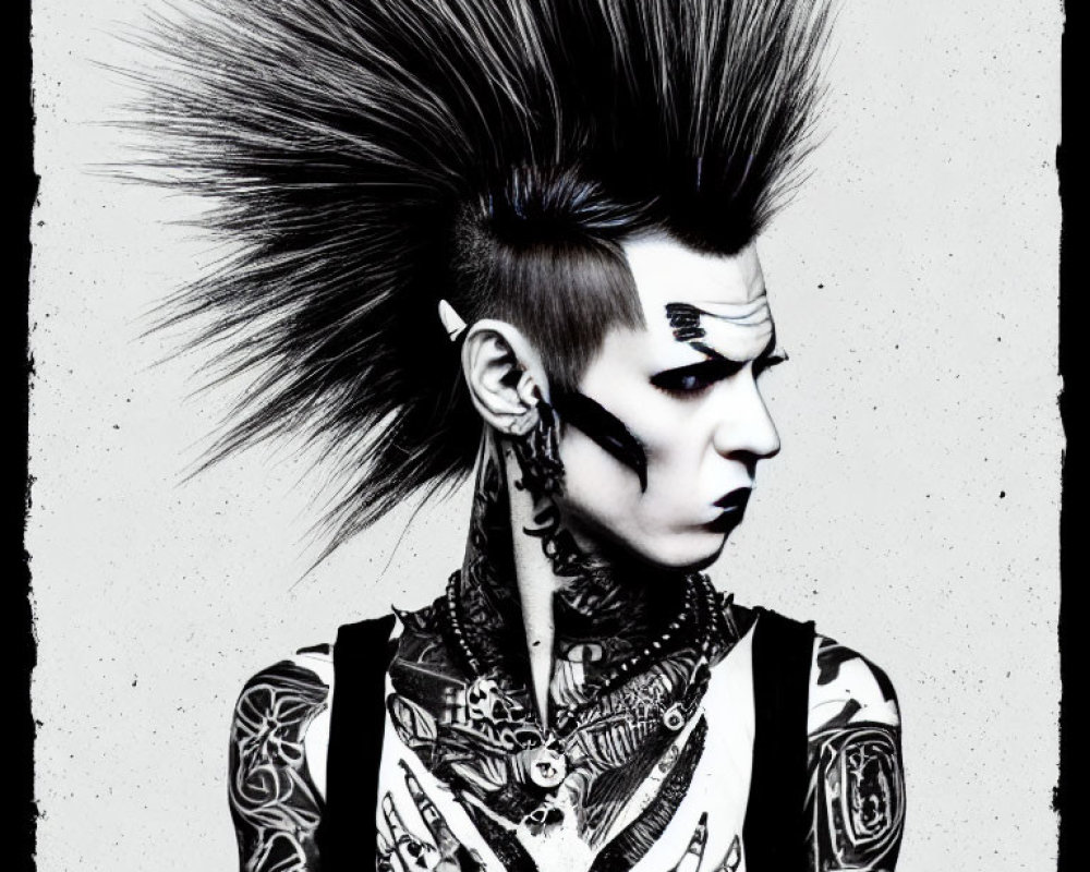 Portrait of a person with dramatic mohawk and full-body tattoos in punk style