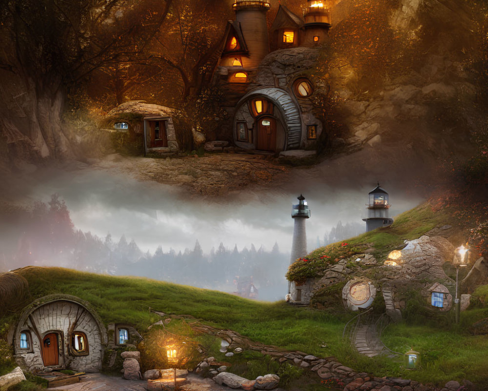 Fantasy composite image: Cozy village with lighthouse-style houses, autumn trees, river