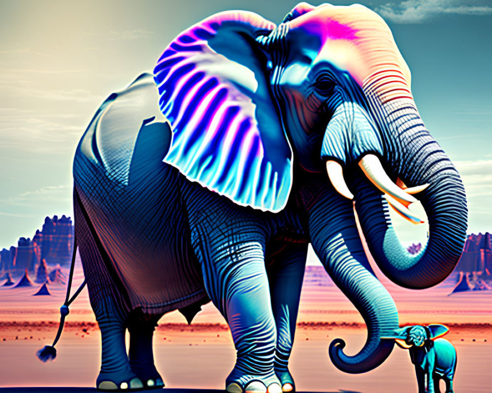 Digitally altered surreal desert landscape with elephants in blue and pink hues