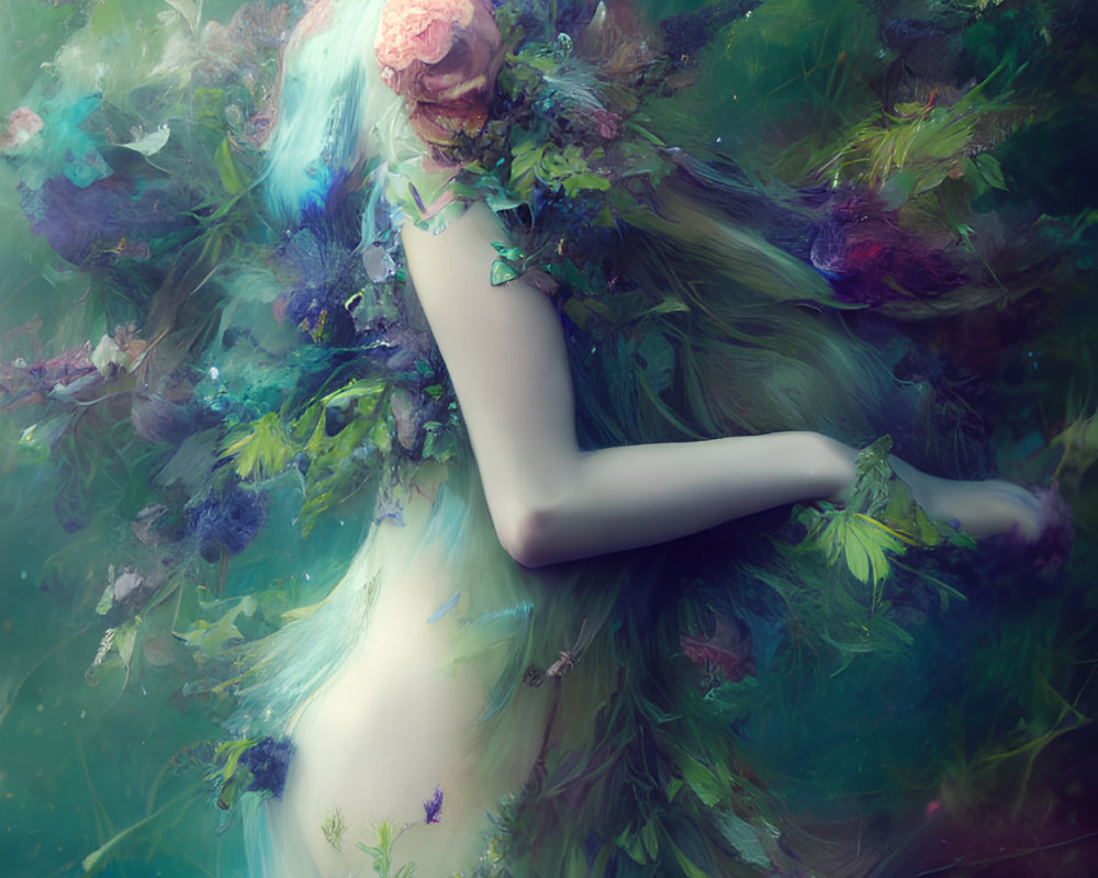 Woman merged with floral elements in vibrant blues and greens