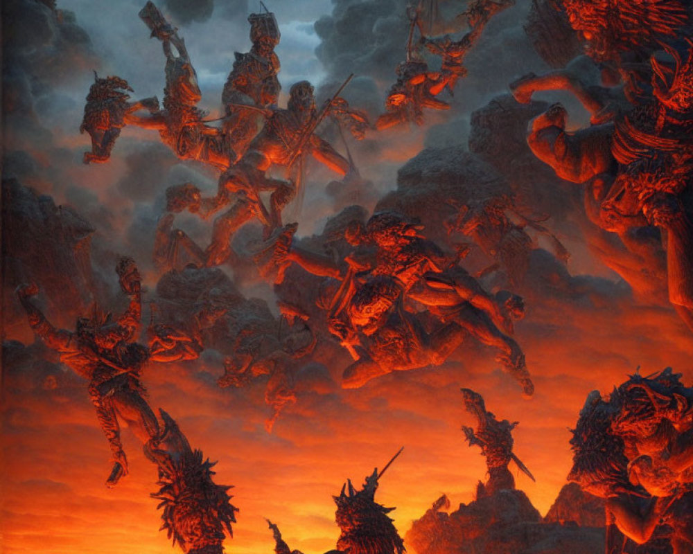 Apocalyptic scene with fiery skies and monstrous warriors in intense battle