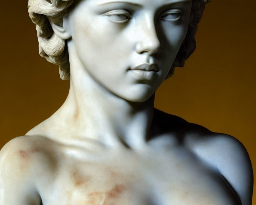 Classical sculpture of person with detailed curly hair and serene expression