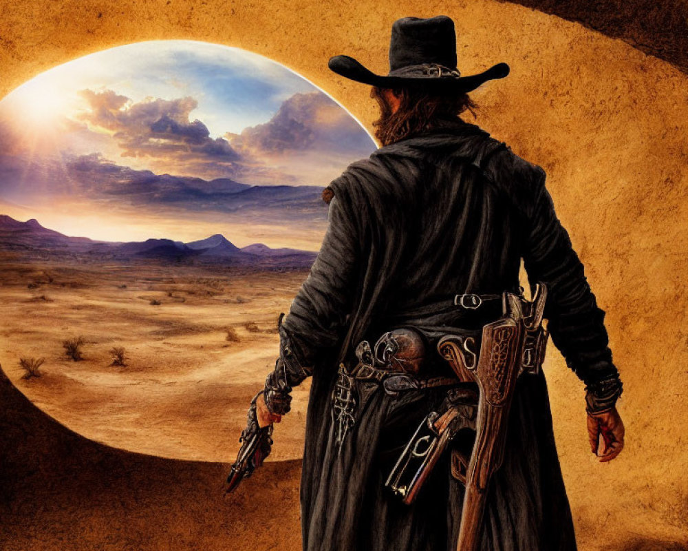 Cowboy standing at arched entrance overlooking vast desert landscape