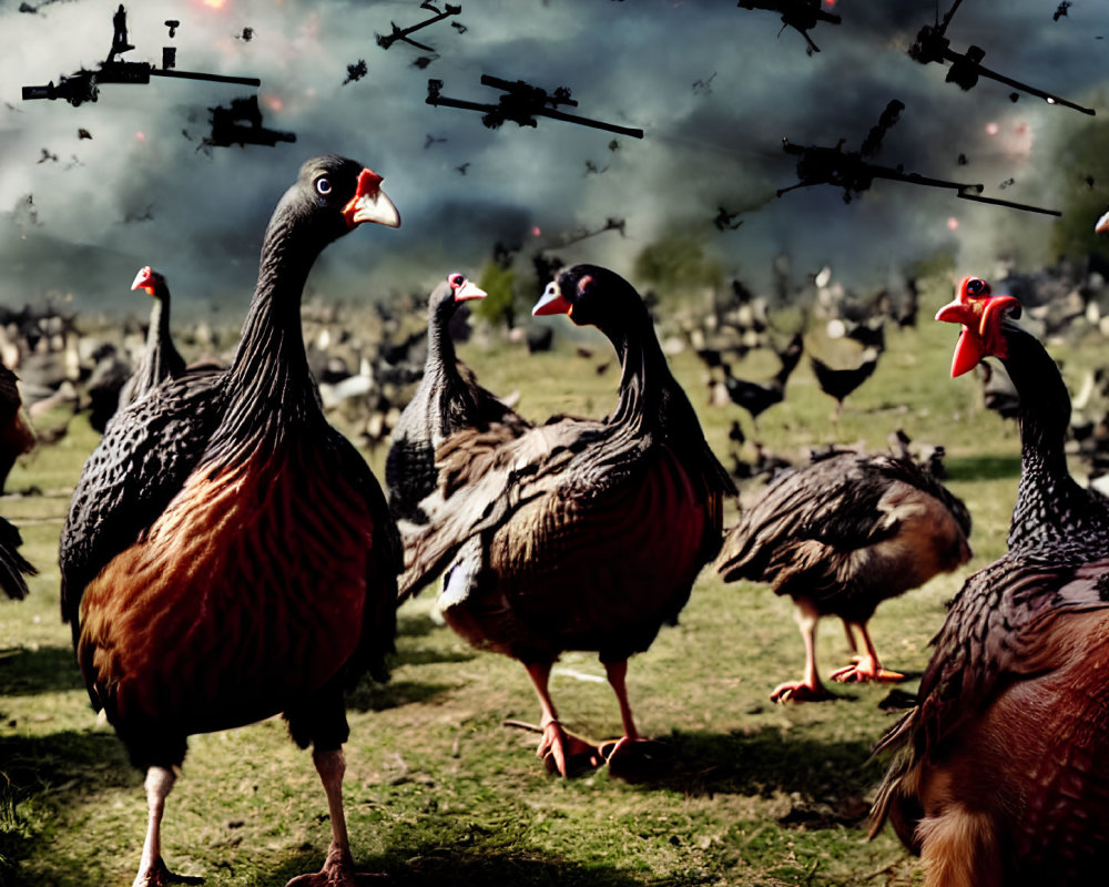 Oversized animated chickens in grassy field with military helicopters