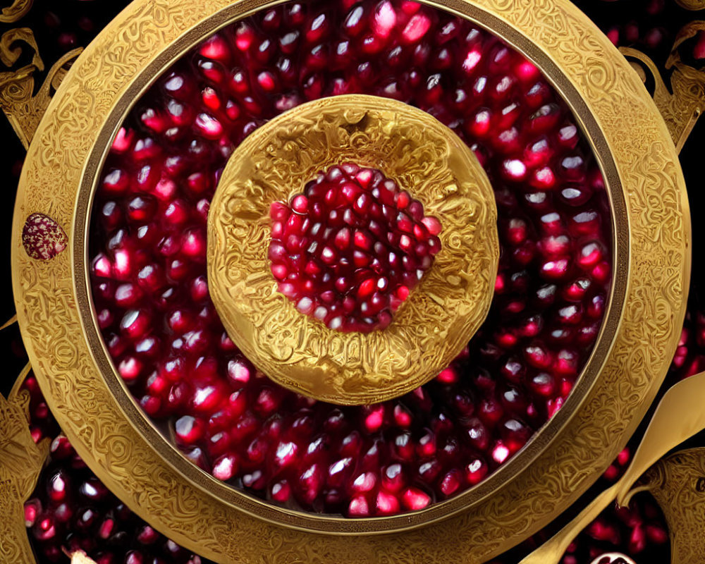 Golden Plate with Pomegranate Seeds in Heart-Shaped Formation