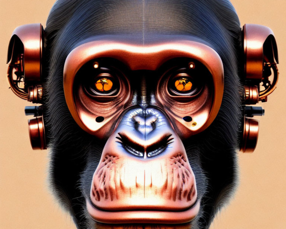 Chimpanzee head with orange eyes and metallic headphones on tan background