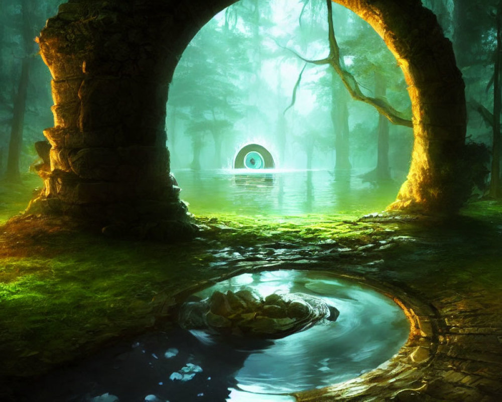 Tranquil forest scene with archway and pond under ethereal light