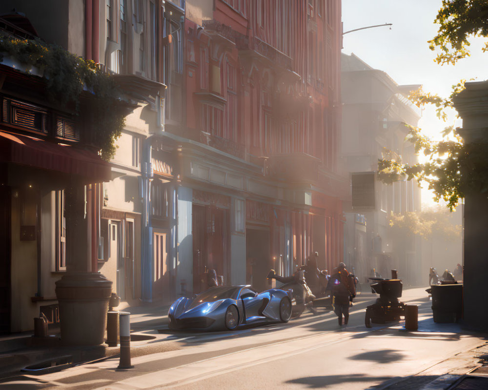 Futuristic blue car parked on quiet city street at dawn