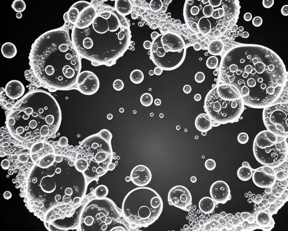 Clustered bubbles of various sizes interconnected on dark background