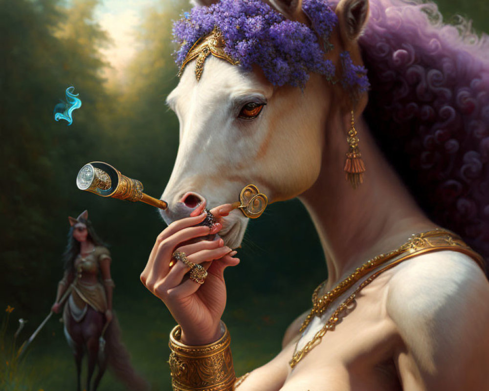 Mythical creature with horse head, human body, adorned with gold jewelry and purple flowers, holding