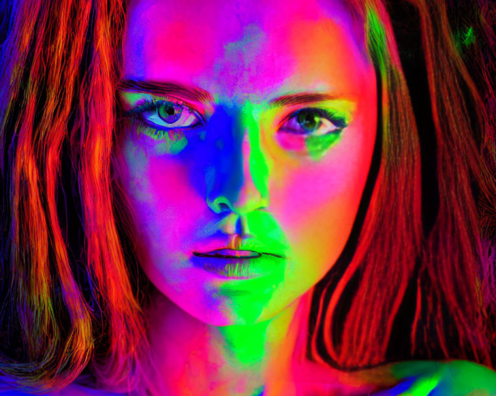 Colorful portrait of woman with rainbow lighting and intense gaze