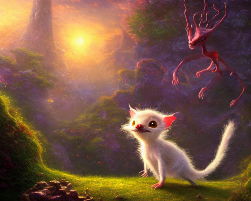 White wide-eyed creature and red winged being in vibrant purple forest at sunrise