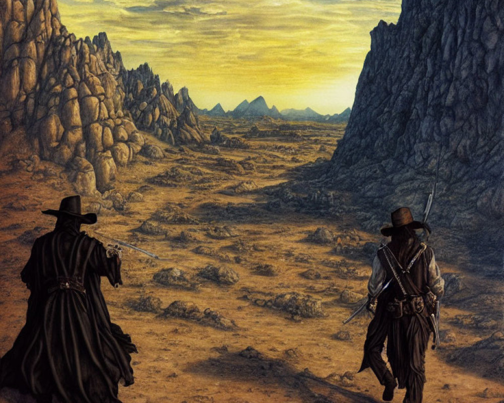 Armed Figures in Period Clothing Walk in Desert Landscape