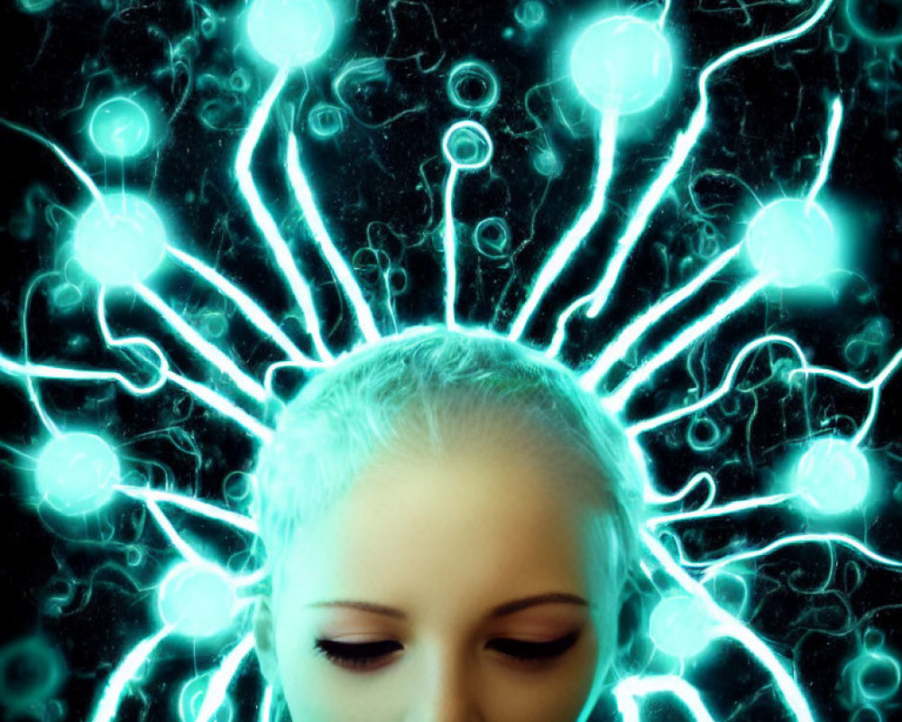 Person with Closed Eyes and Glowing Neuron-like Tendrils on Dark Background