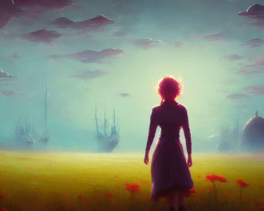 Silhouette in Field with Red Flowers and Ethereal Ships in Sky