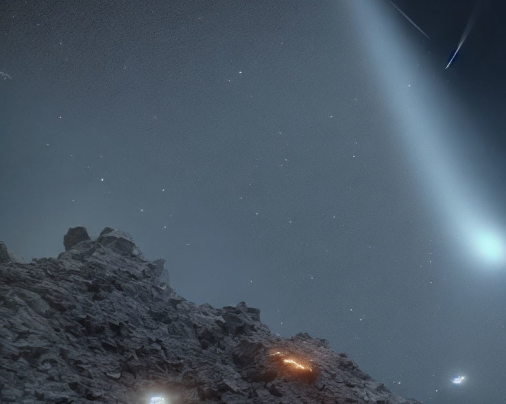 Starry night landscape with rugged terrain and comet streaks