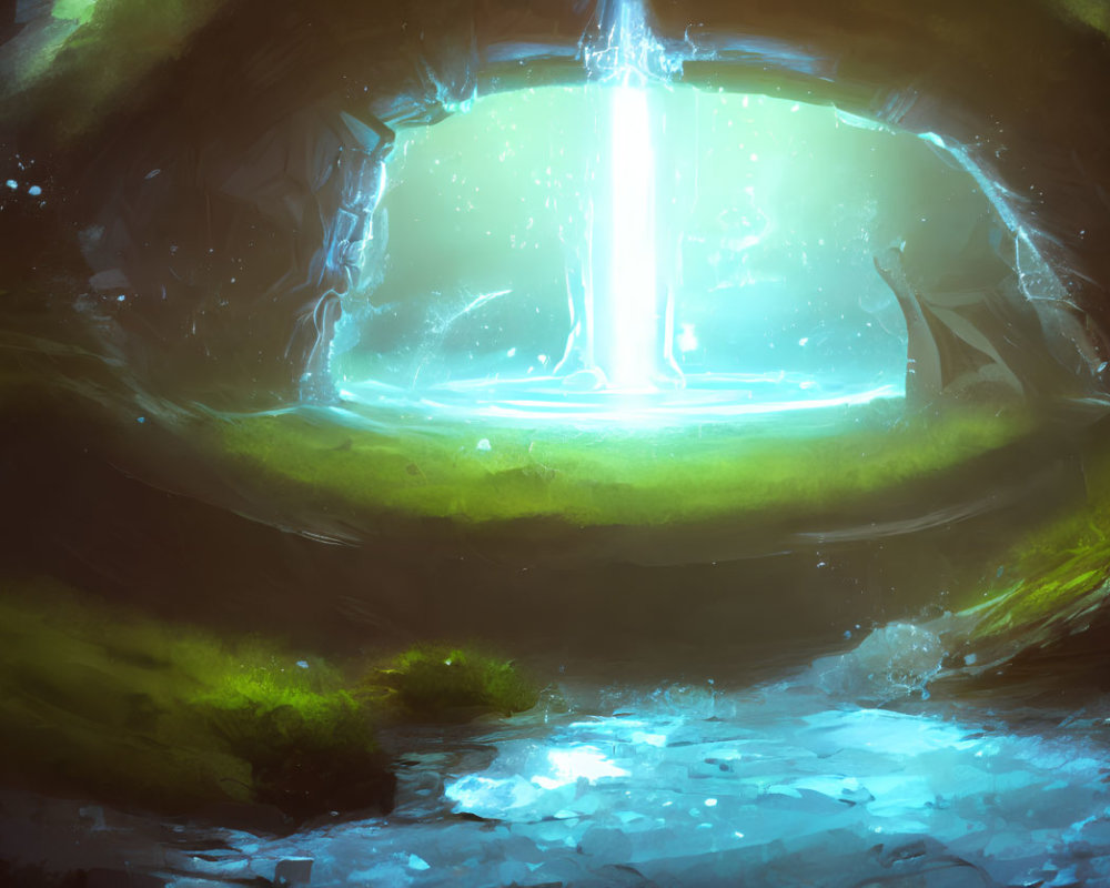 Mystical cavern with glowing beam, green moss, and ethereal particles