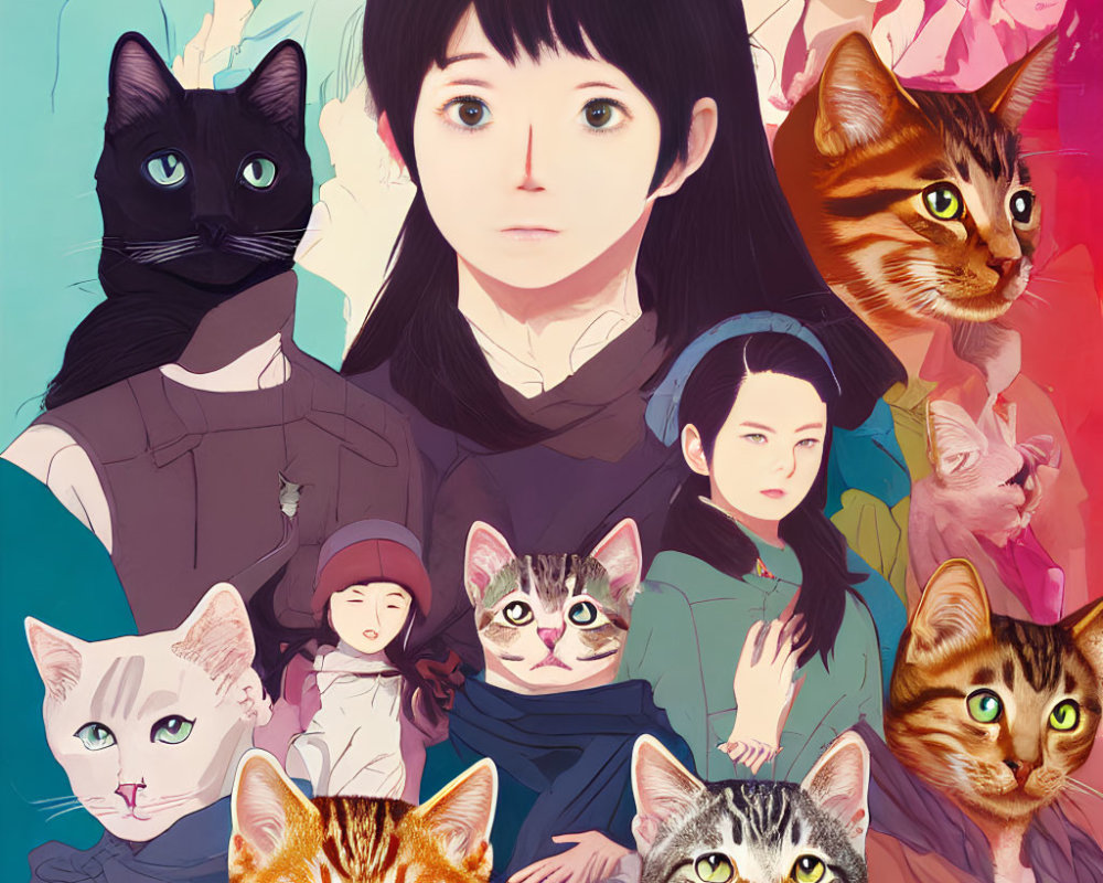 Colorful collage of girl with large eyes, cats, and human figures