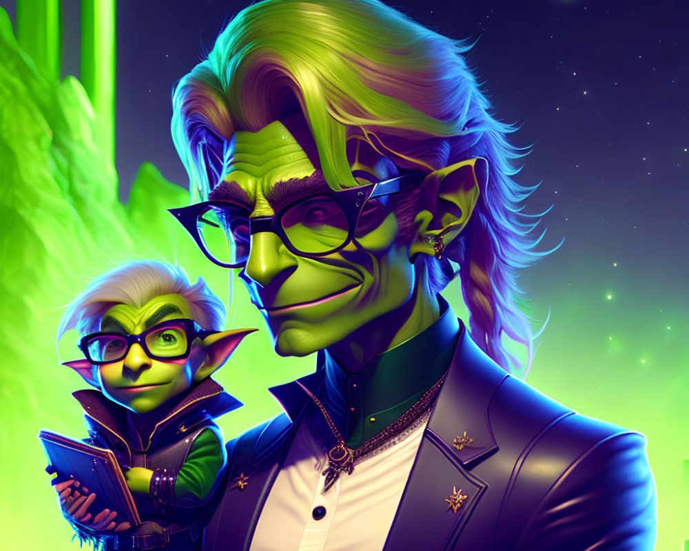 Stylized green-skinned elf characters with glasses in futuristic cityscape