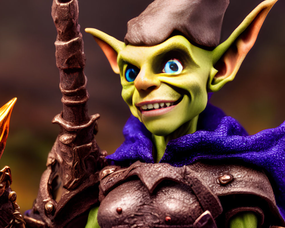 Detailed fantasy figurine of green-skinned goblin with staff and armor