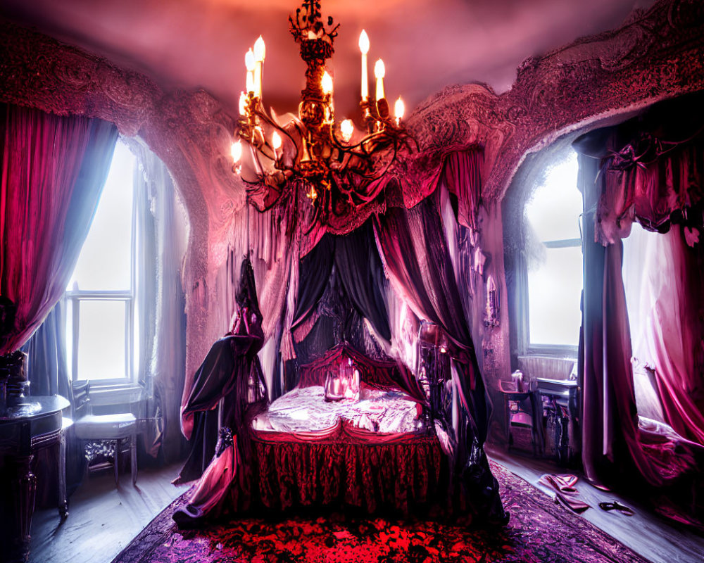 Luxurious Gothic-style bedroom with purple drapery, chandelier, and canopied bed