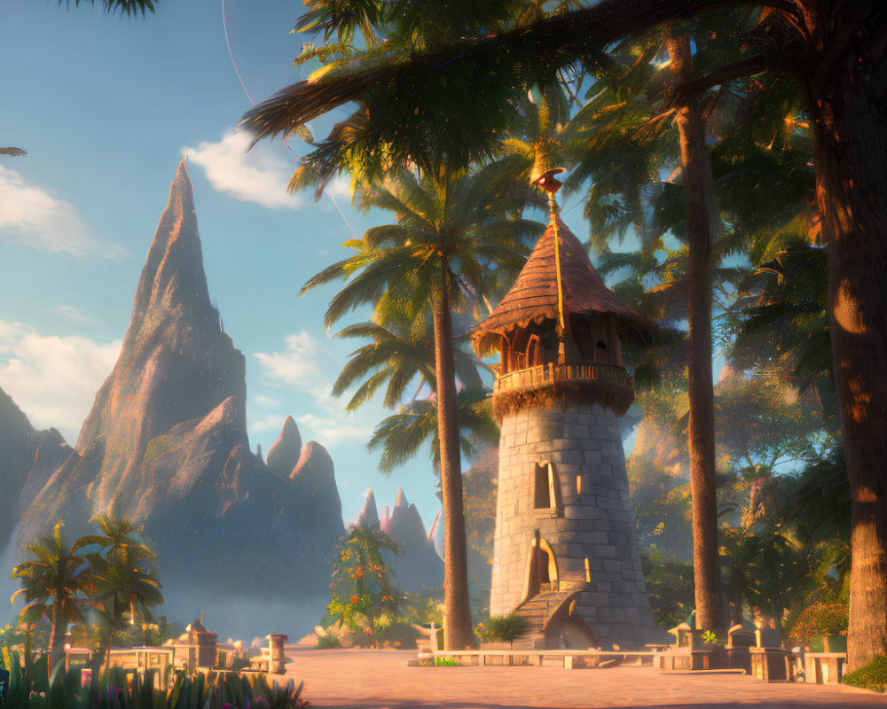 Fantasy landscape with stone turret, palm trees, cliffs in warm sunlight