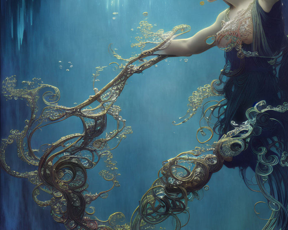 Ethereal woman in ornate dress submerged in water with swirling vine-like patterns