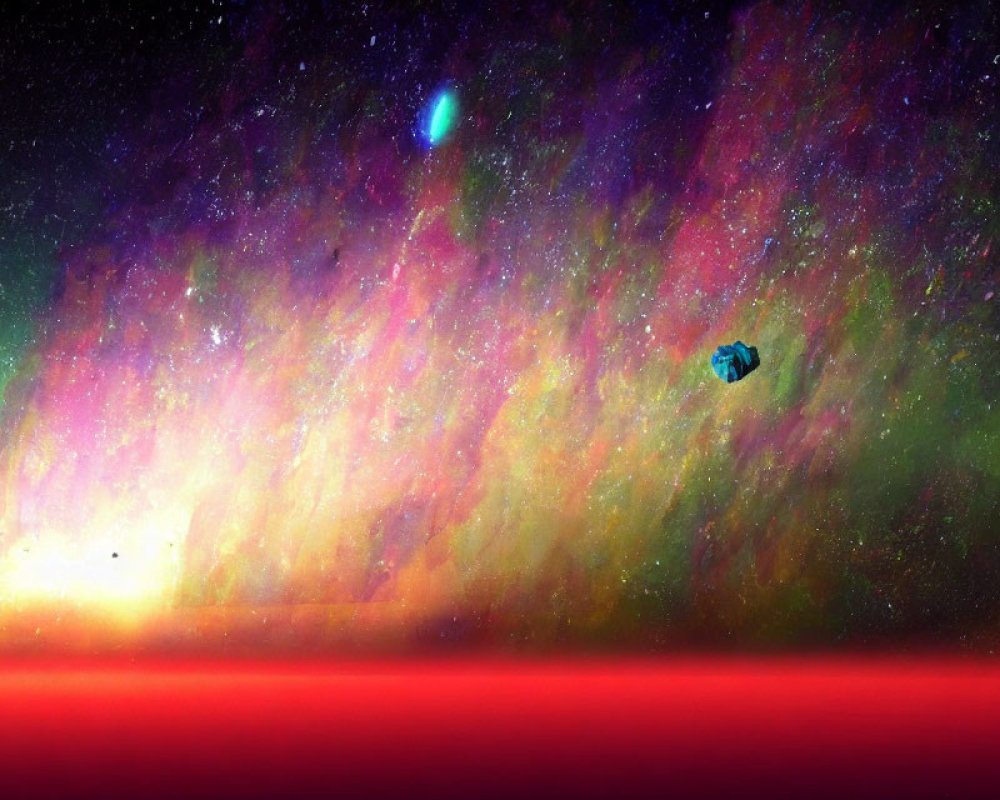 Colorful cosmic scene with nebulae, comets, asteroids, and bright light source