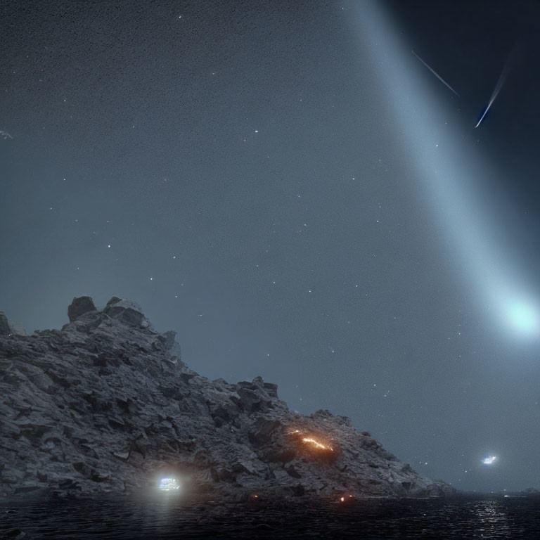 Starry night landscape with rugged terrain and comet streaks