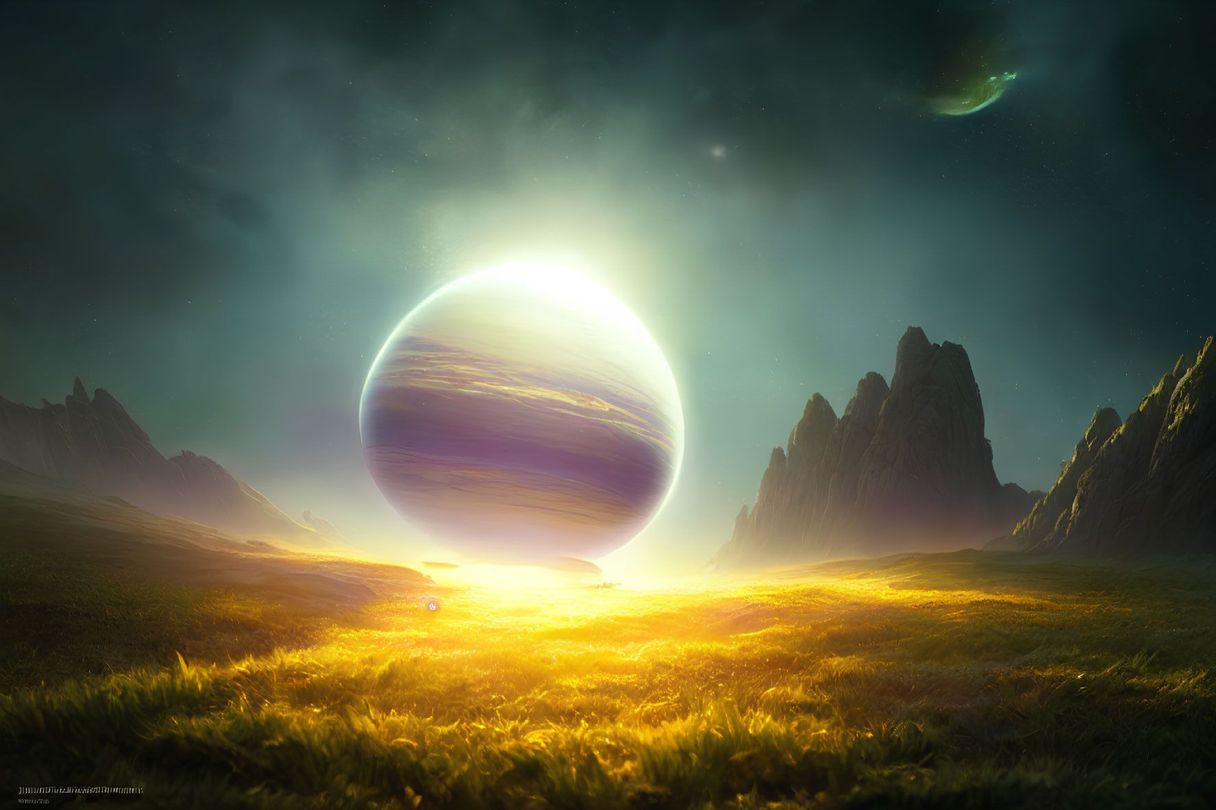 Vibrant green grass, towering cliffs, and giant celestial body in fantastical landscape