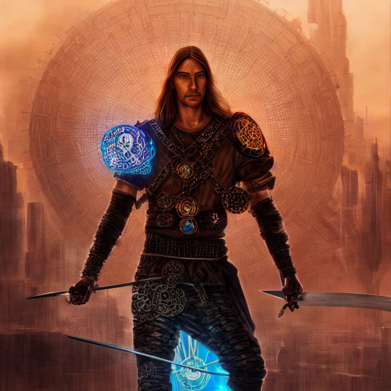 Fantasy male warrior digital art with shield, sword, and arcane structure