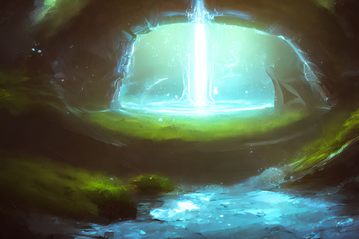 Mystical cavern with glowing beam, green moss, and ethereal particles