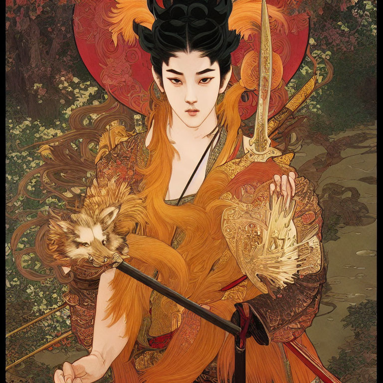 Illustrated woman in rich Asian outfit with headdress and mythical creature.