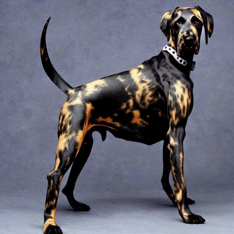 Brindle-Coated Dog with Studded Collar on Grey Background