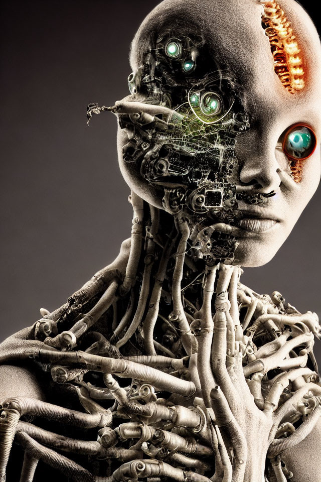 Futuristic humanoid robot with exposed wiring and cybernetic components