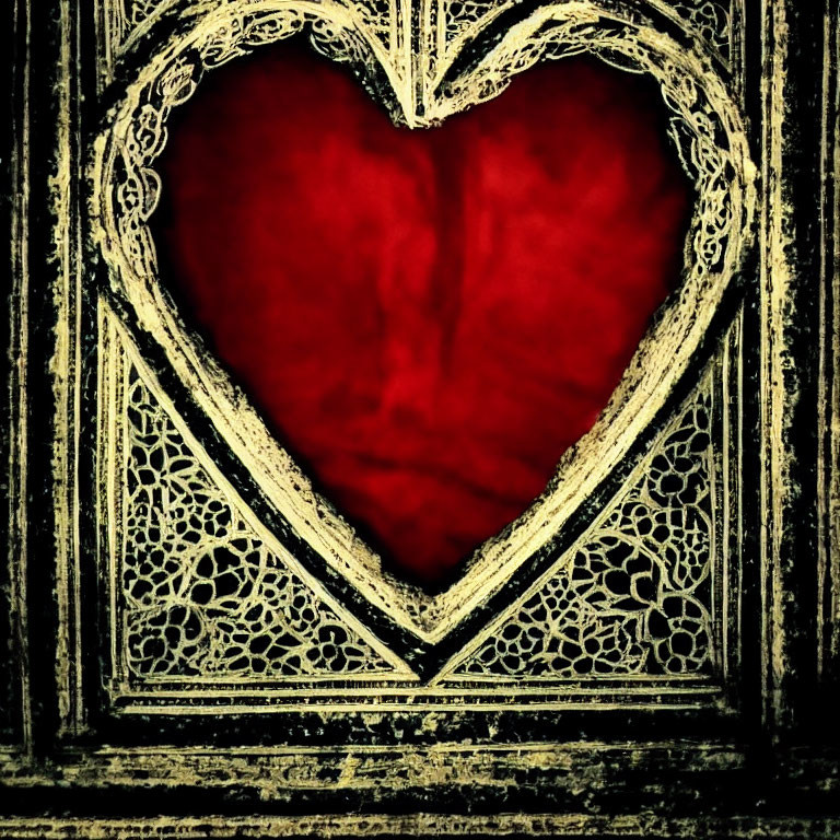 Intricate Heart-Shaped Window with Red Textured Background