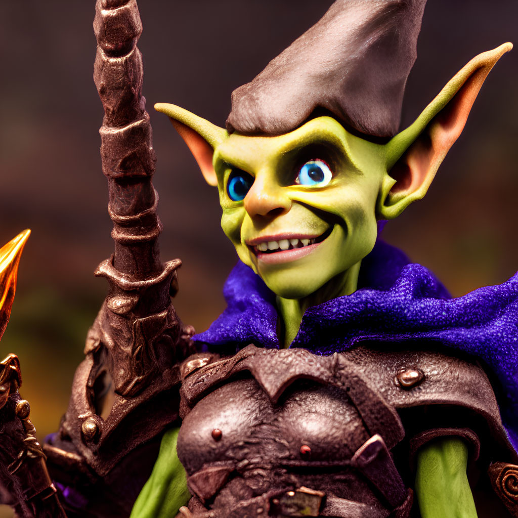 Detailed fantasy figurine of green-skinned goblin with staff and armor