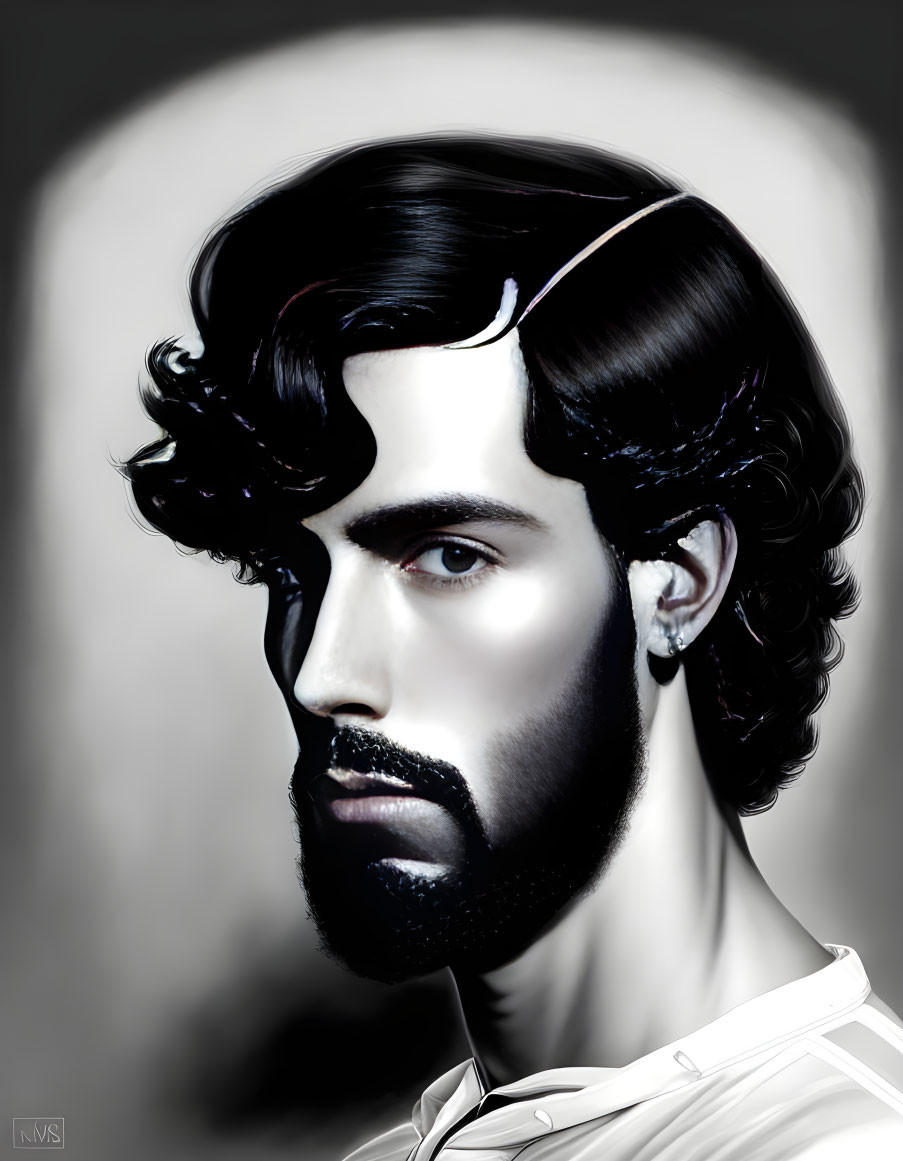 Monochrome digital artwork of man with dark hair and intense gaze