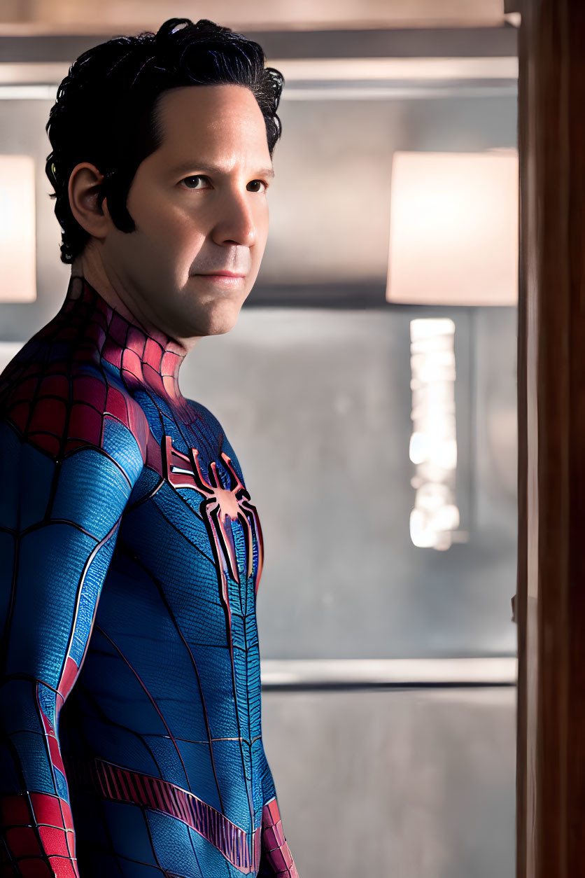 Person in Spider-Man costume indoors near window with blinds.