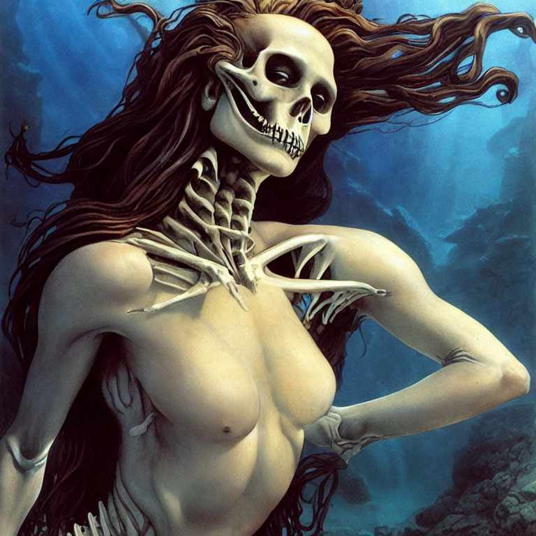 Skeletal figure with flowing hair and partial human features on blue backdrop