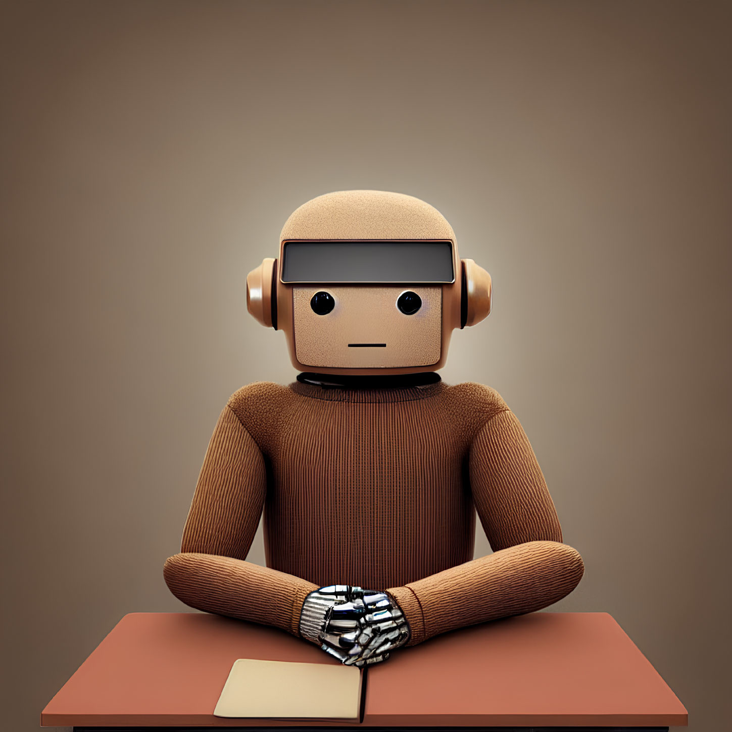 Humanoid Robot Wearing Headphones and Headband Sitting with Notepad