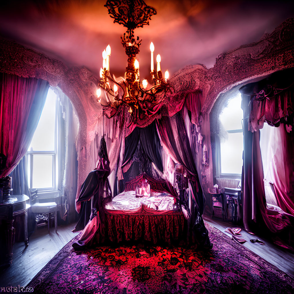Luxurious Gothic-style bedroom with purple drapery, chandelier, and canopied bed