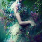 Woman merged with floral elements in vibrant blues and greens