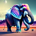 Digitally altered surreal desert landscape with elephants in blue and pink hues