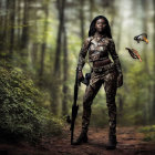 Woman in Camo Outfit Holding Rifle in Forest with Bird of Prey