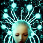 Person with Closed Eyes and Glowing Neuron-like Tendrils on Dark Background