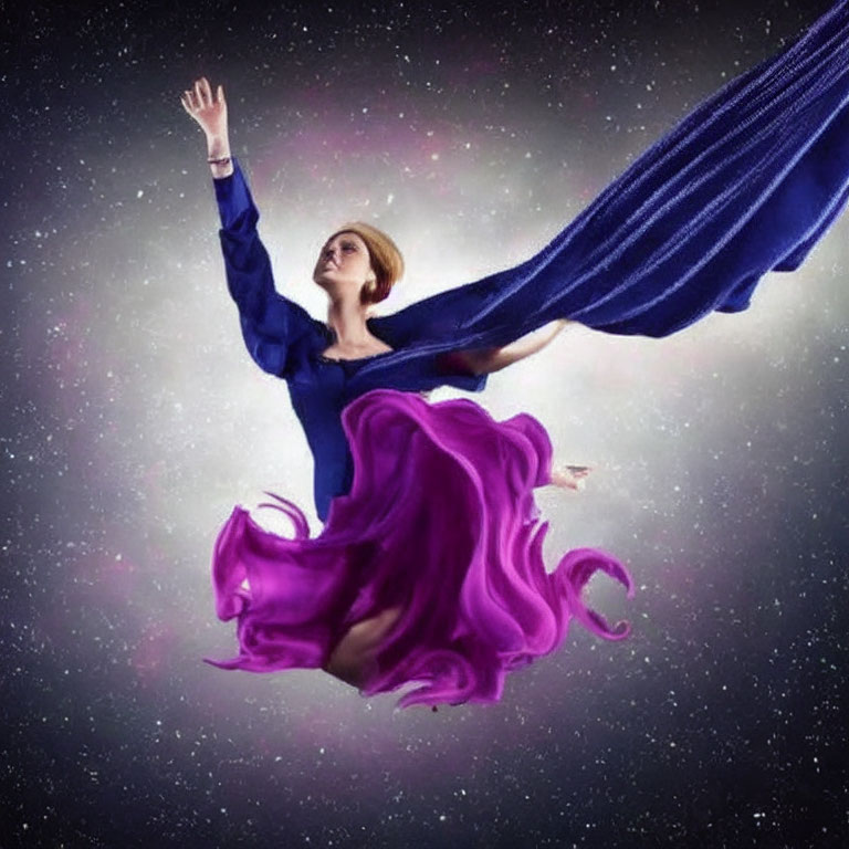 Woman in Purple Dress Reaching Up Against Starry Background