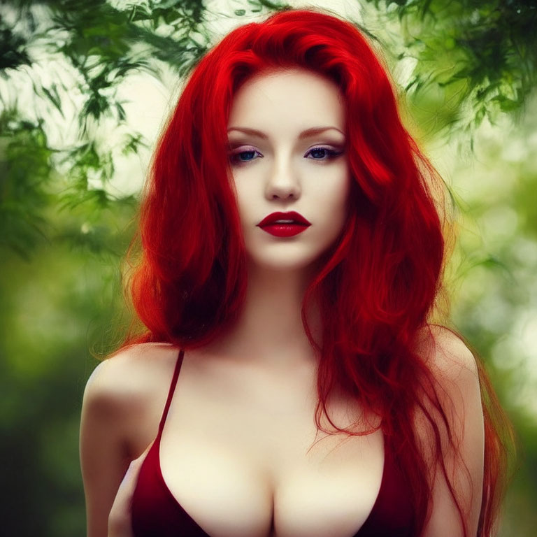 Vibrant red-haired woman with bold red lips against green foliage.