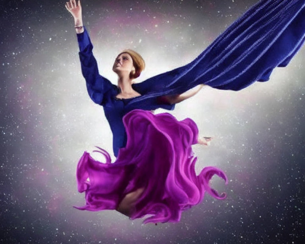 Woman in Purple Dress Reaching Up Against Starry Background