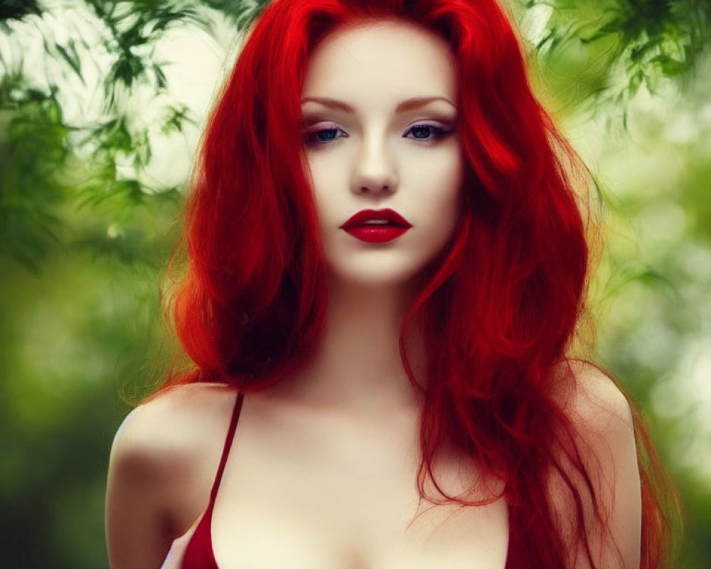 Vibrant red-haired woman with bold red lips against green foliage.